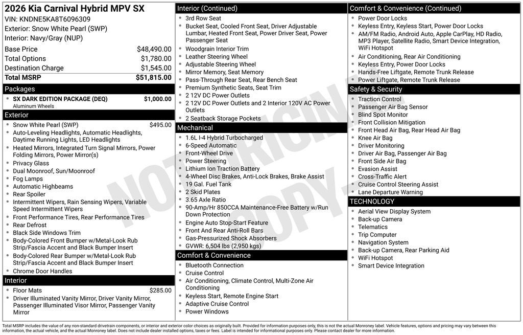 2026 Kia Carnival Hybrid SX